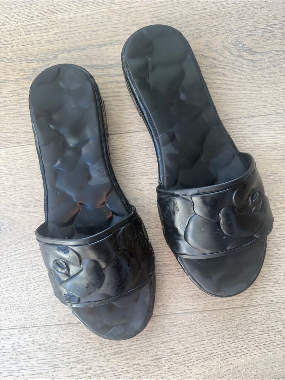 Valentino Garavani Black Floral-Embossed Slide Sandals